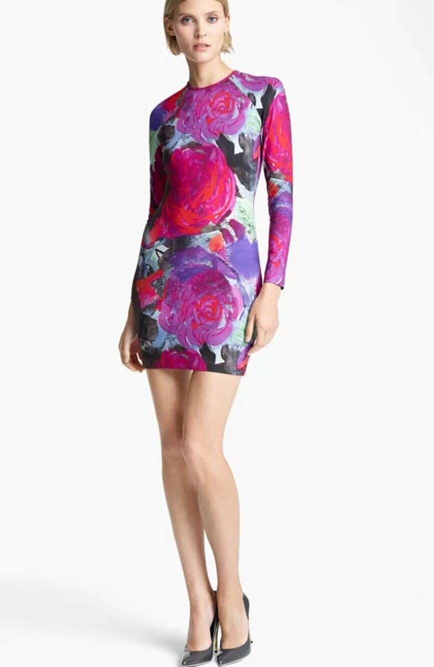 CHRISTOPHER KANE Bodycon Mini Dress Large Pink Abstract Long Sleeve Stretch NWOT